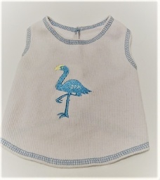 White Ribbed T-Shirt with blue flamingo, Small
